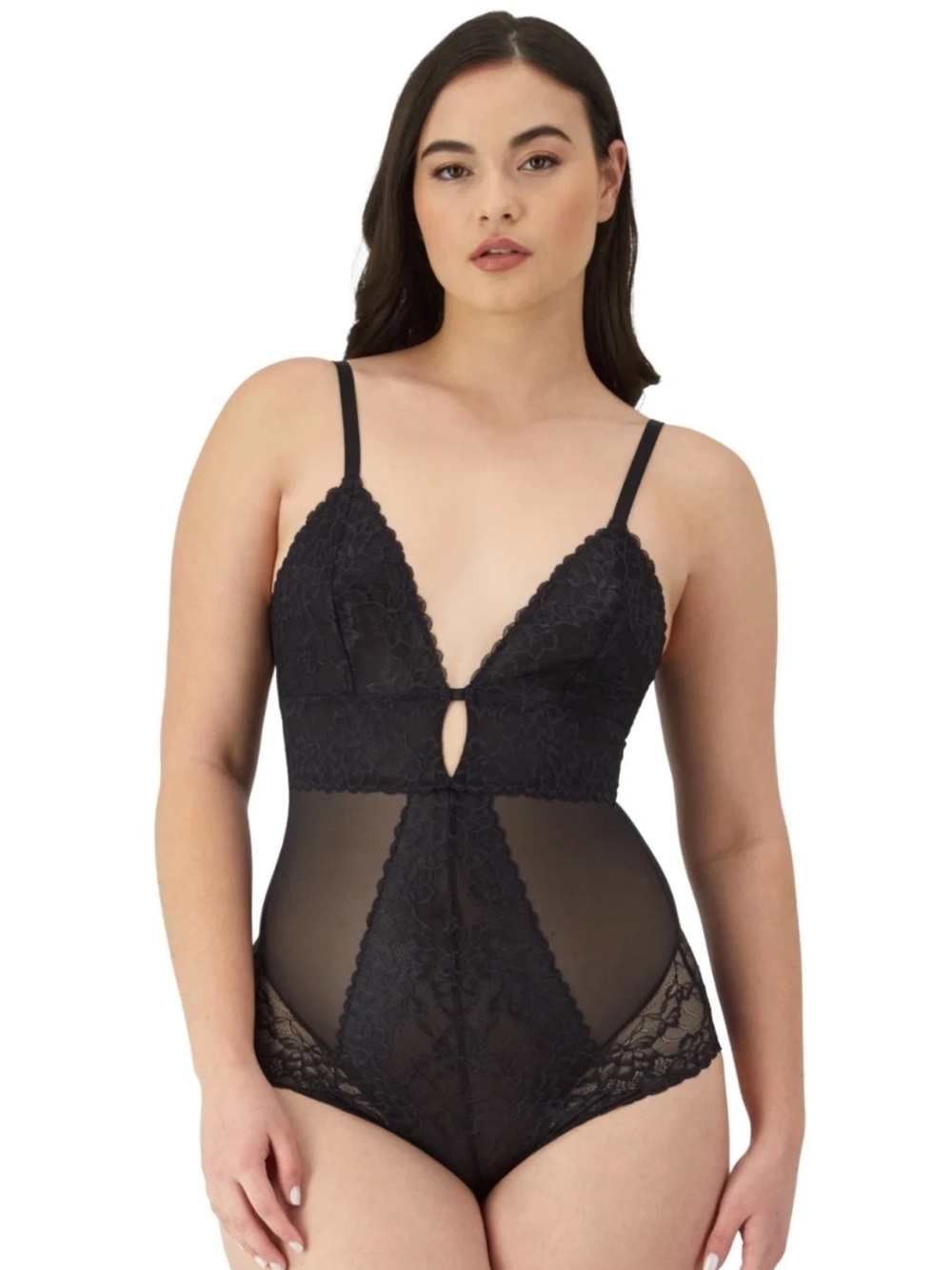 Plus Size Black Lace Plunge Bodysuit